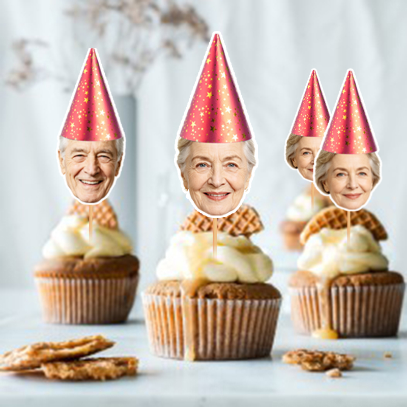 Party Hat Cone - 12個入り/24個入り、カスタムデザインのカップケーキトッパー。写真入り、赤と金の星、パーティー用、円錐形の帽子、誕生日ケーキの飾り付け用品。