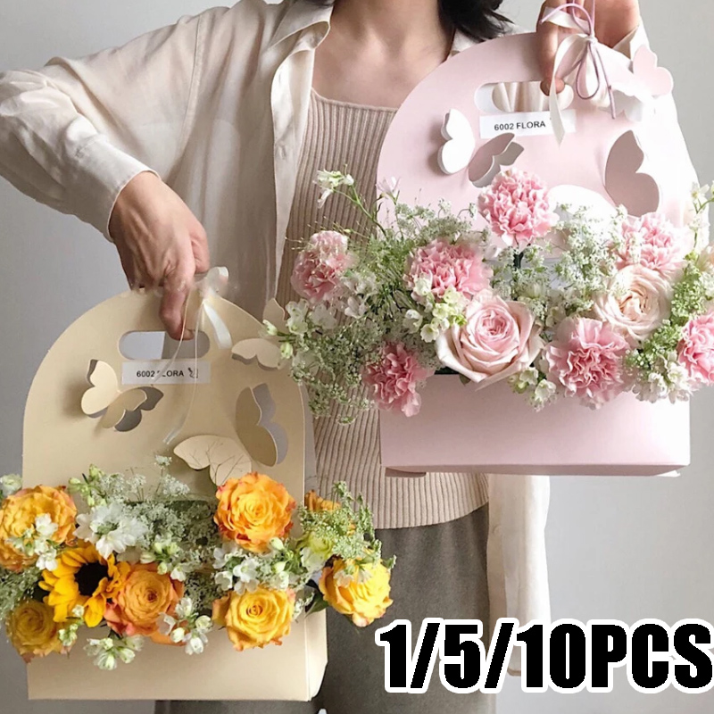 Event Party Box - 1/5/10 個蝶フラワーボックスハンドフラワーバスケット紙フラワーボックスフラワーアレンジメントバッグ花の包装ギフトボックス