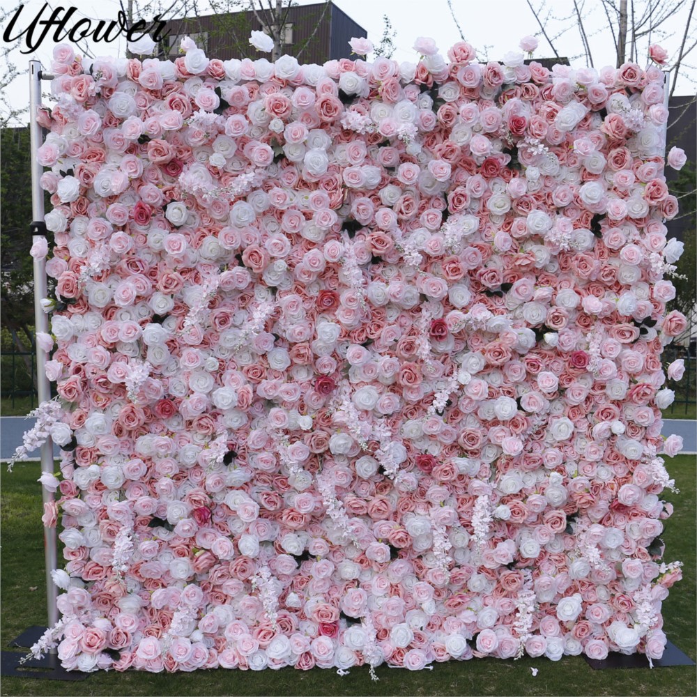 Flower Wall Panel - Uflower 5D ピンクホワイトローズ布製フラワーウォール ウェディング背景布 吊り下げカーテン 花柄ウィンドウディスプレイ